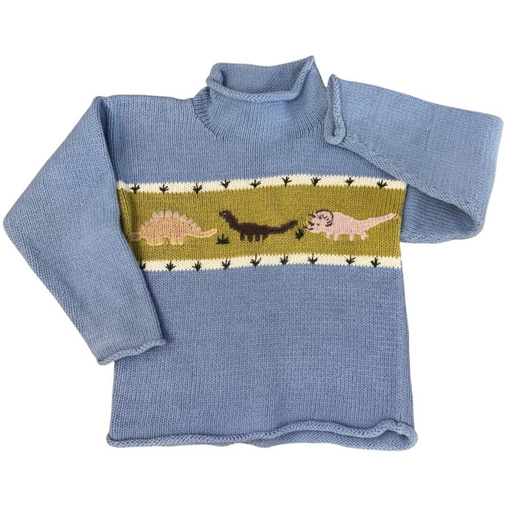 Young Colors Kids Blue Cotton Knit Dinosaur Sweater Roll Neck Size 6 Peru